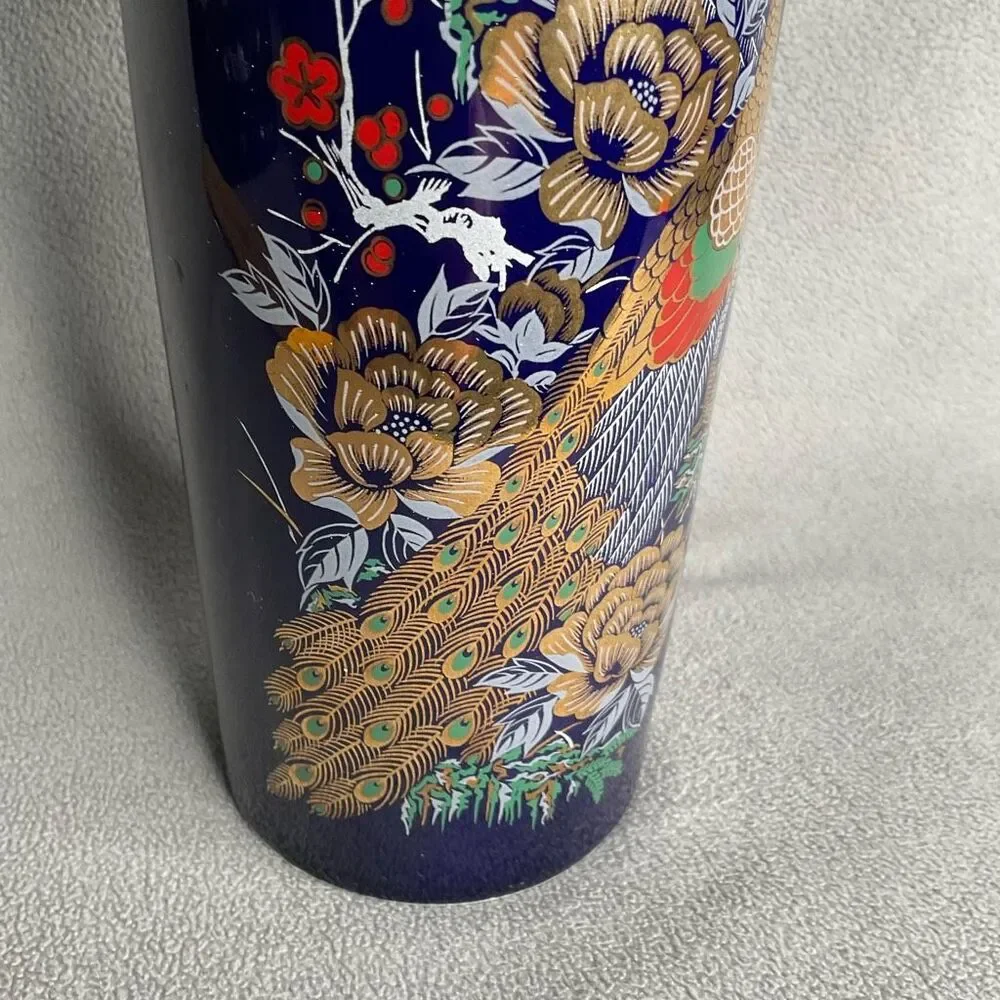 Vintage Interpur Cobalt Blue Peacock Oriental Vase 22KGoldTrim 10.5